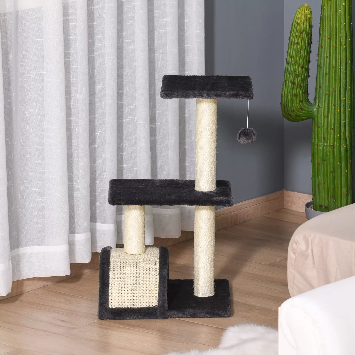 Kačių draskyklė 72 cm Kačių bokštas su pliušiniais kamuoliukais, sizaliniai stiebai, platforma, draskyklė, daugiaaukštė kačių draskyklė, laipiojimo medis, vidutinio dydžio katėms, pilka