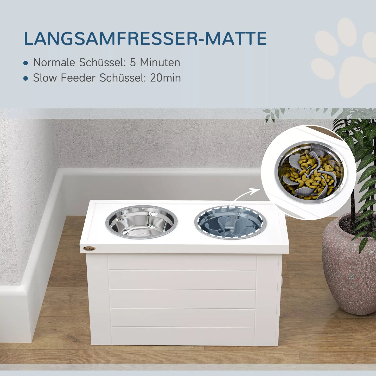 PawHut 2-in-1 paaukštintas šunų dubenėlis, reguliuojamo aukščio maisto dubenėlis su stovu, 2 x 2L nerūdijančio plieno dubenėliai, baltas