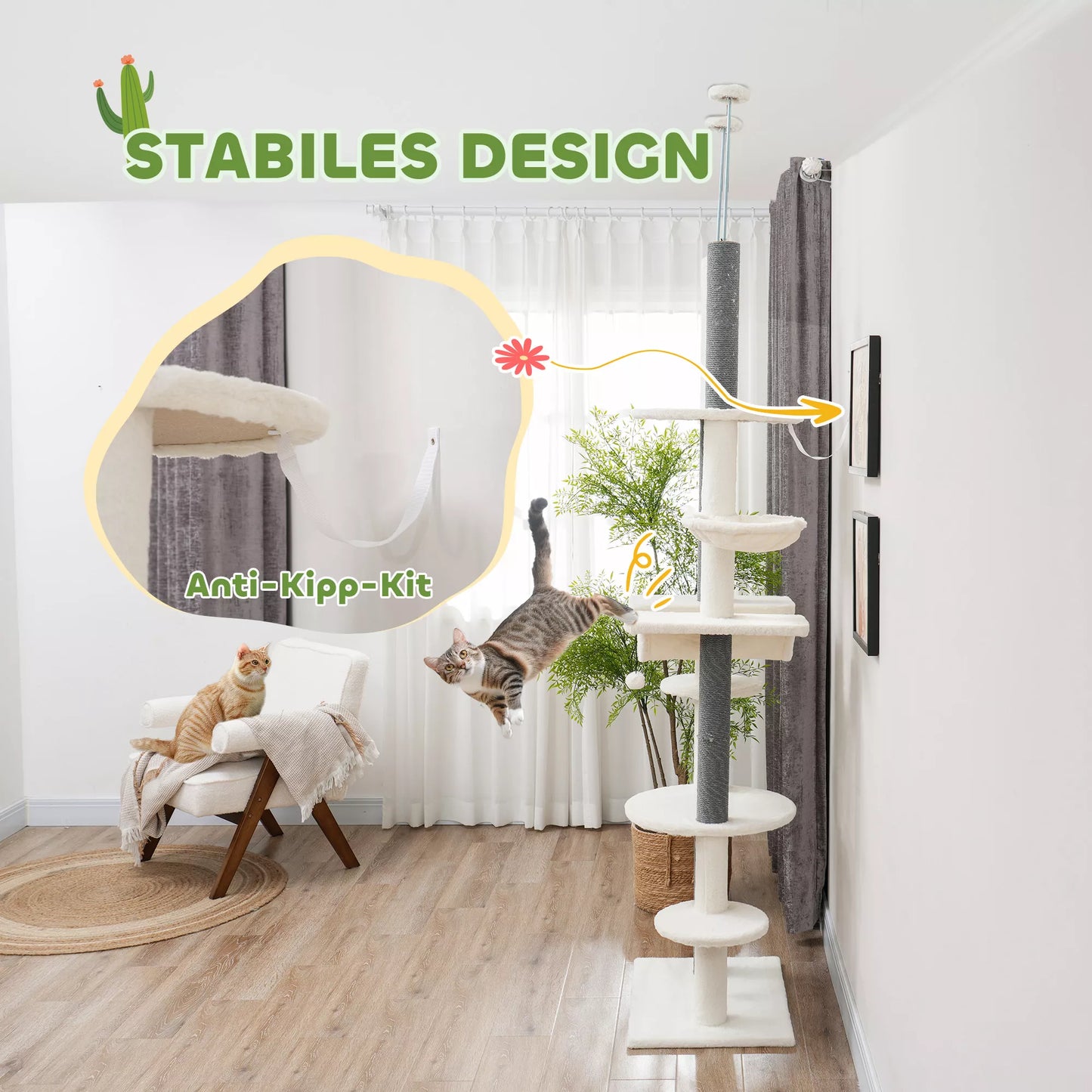 PawHut Kačių draskyklė, lubinė, reguliuojama 225-255 cm, su platformomis ir hamakais, apsauga nuo apvirtimo, balta