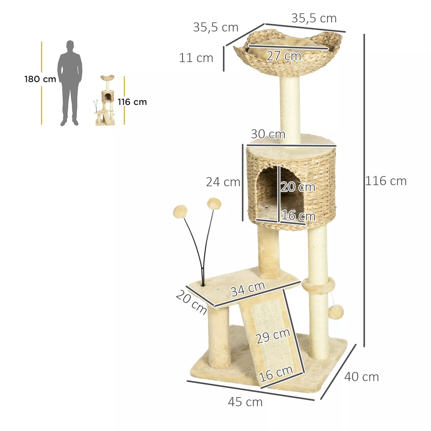 Cat scratching post with cat bed, resting platform, play ball, 45x40x116cm, brown/beige