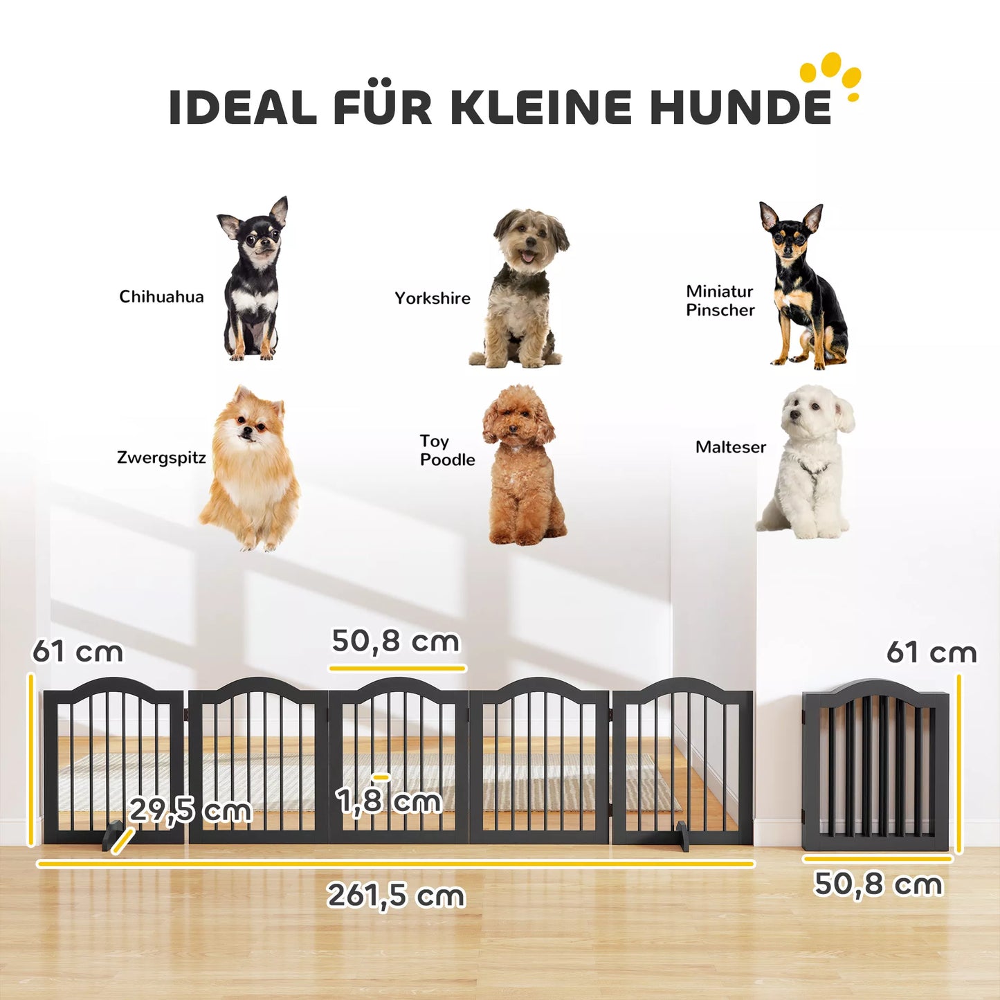 Suņu žogs, brīvi stāvošs drošības tīkls ar kājām, salokāms, 5 paneļi, 261,5 x 29,5 x 61 cm, melns