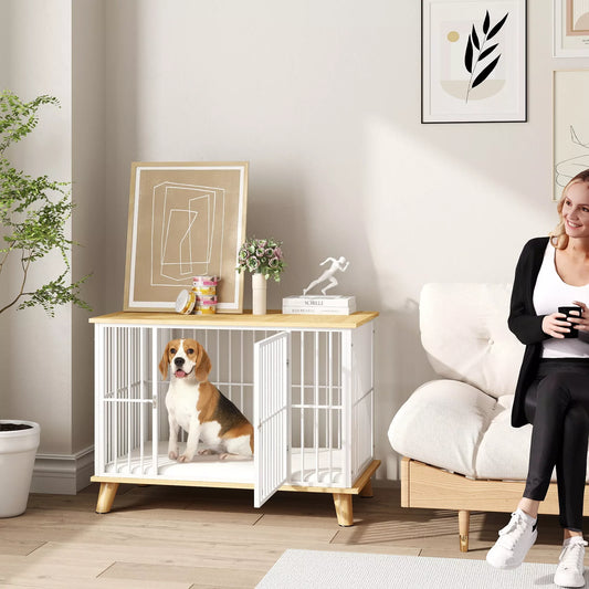 Suņu būris ar aizslēdzamām durvīm, noņemamu spilvenu, labu ventilāciju, tērauda, 86x60x70 cm, balts+pelēks