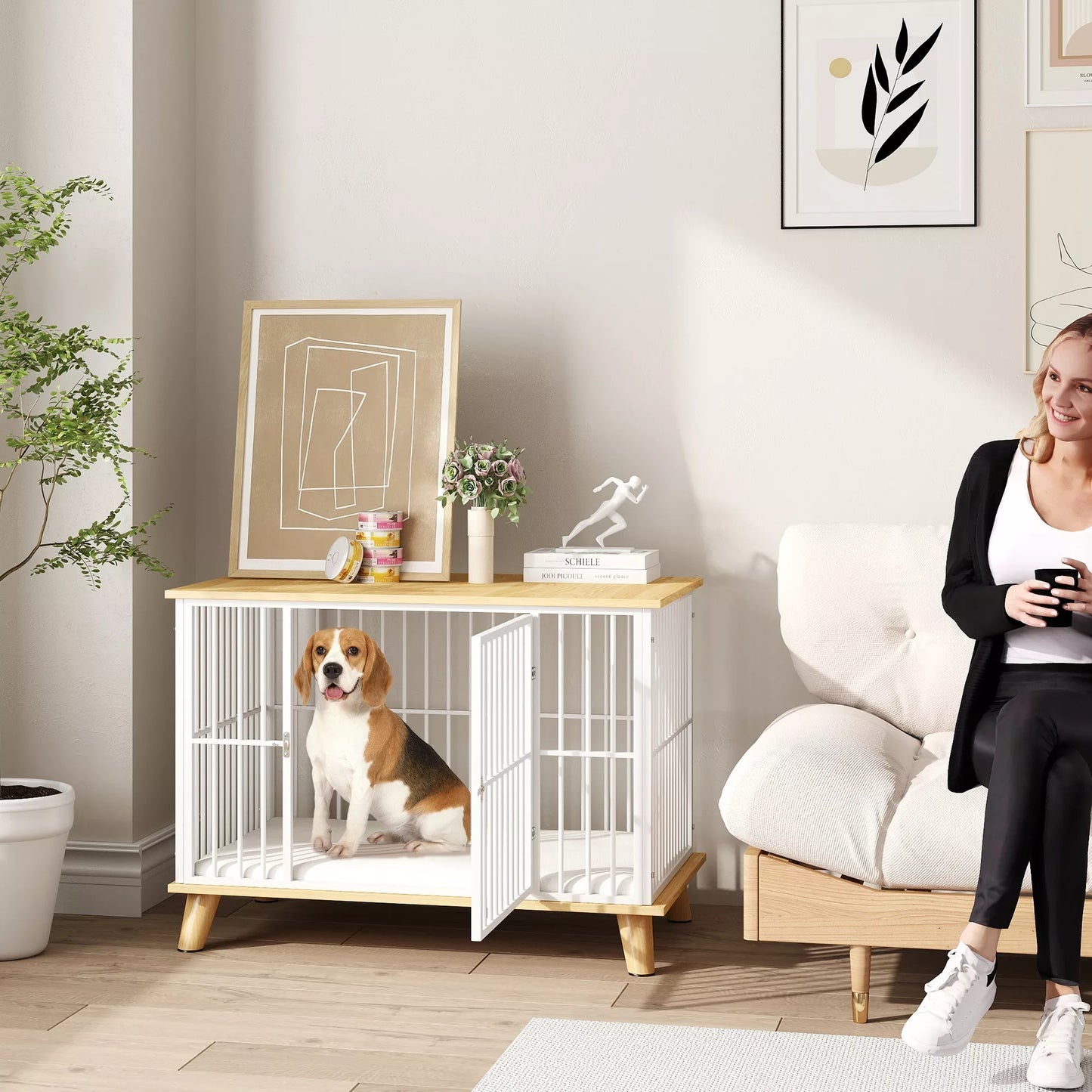 Suņu būris ar aizslēdzamām durvīm, noņemamu spilvenu, labu ventilāciju, tērauda, ​​86x60x70 cm, balts+pelēks