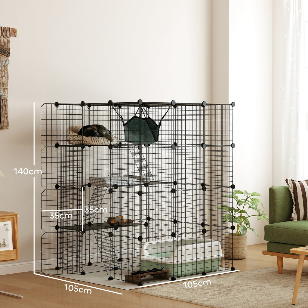 Narvas katėms 140 cm, 4 aukštų, iš 63 plokščių, su 5 durelėmis, hamaku, rampomis ir platformomis, juodas