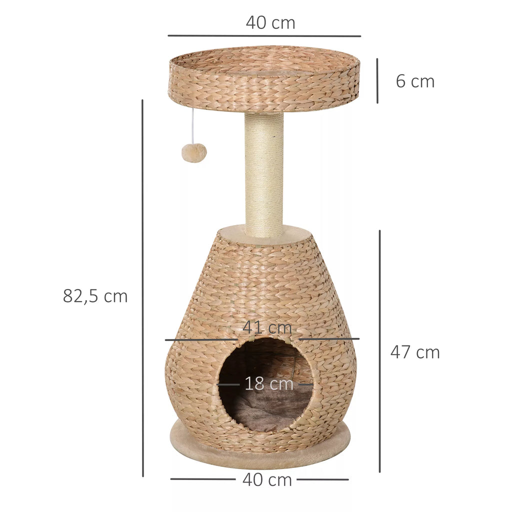Kaķu koks, kaķu skrāpēšanas stabs, mēbele ar kaķu alu, bumbiņu rotaļlieta, sizala audums, mīksts plīšs, augstums 82,5 cm, dzeltens
