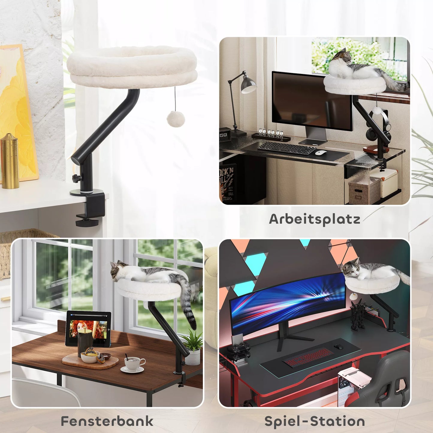 Katės lova prie rašomojo stalo, katės lova rašomajam stalui su 360° sukimusi, reguliuojamo aukščio, katės gultas su nuimamu, skalbiamu mašinoje guoliu, katėms iki 6 kg, namų biurui, kreminės baltos spalvos