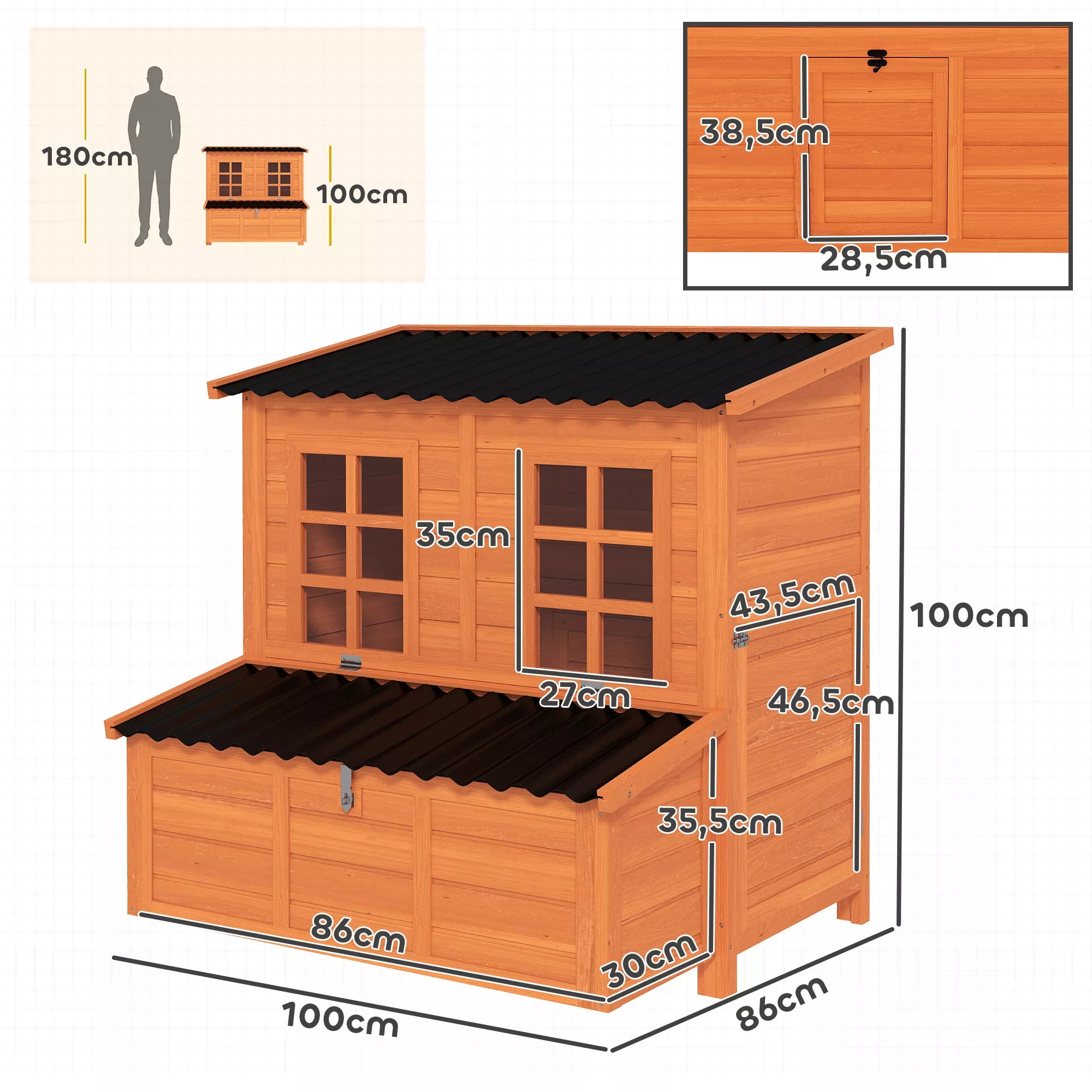 Vištidė 4–6 vištoms su perėjimo dėže, lauko namelis paukščiams su vandeniui atspariu stogu, kėnio mediena 100x86x100 cm, oranžinė
