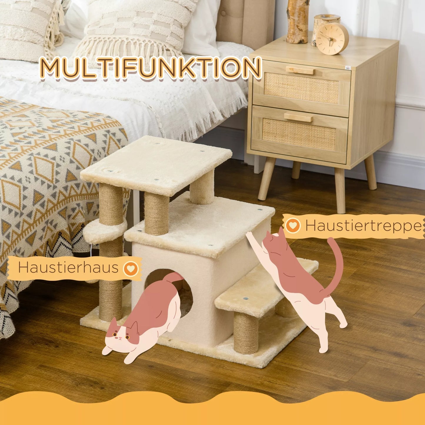 Mājdzīvnieku kāpnes, skrāpējamais stabs, 4 pakāpieni, ar rotaļlietu, mājiņa, regulējams augstums, 60 x 40 x 66 cm, bēšas