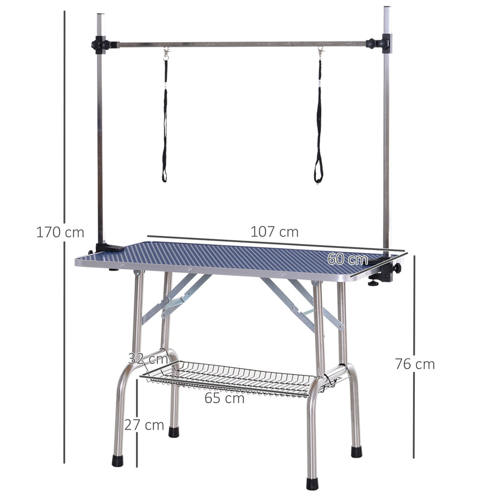 Kirpimo stalas šunims ir katėms 107x60 cm, sulankstomas, su laikikliu ir apatiniu krepšiu, iki 100 kg, mėlynas