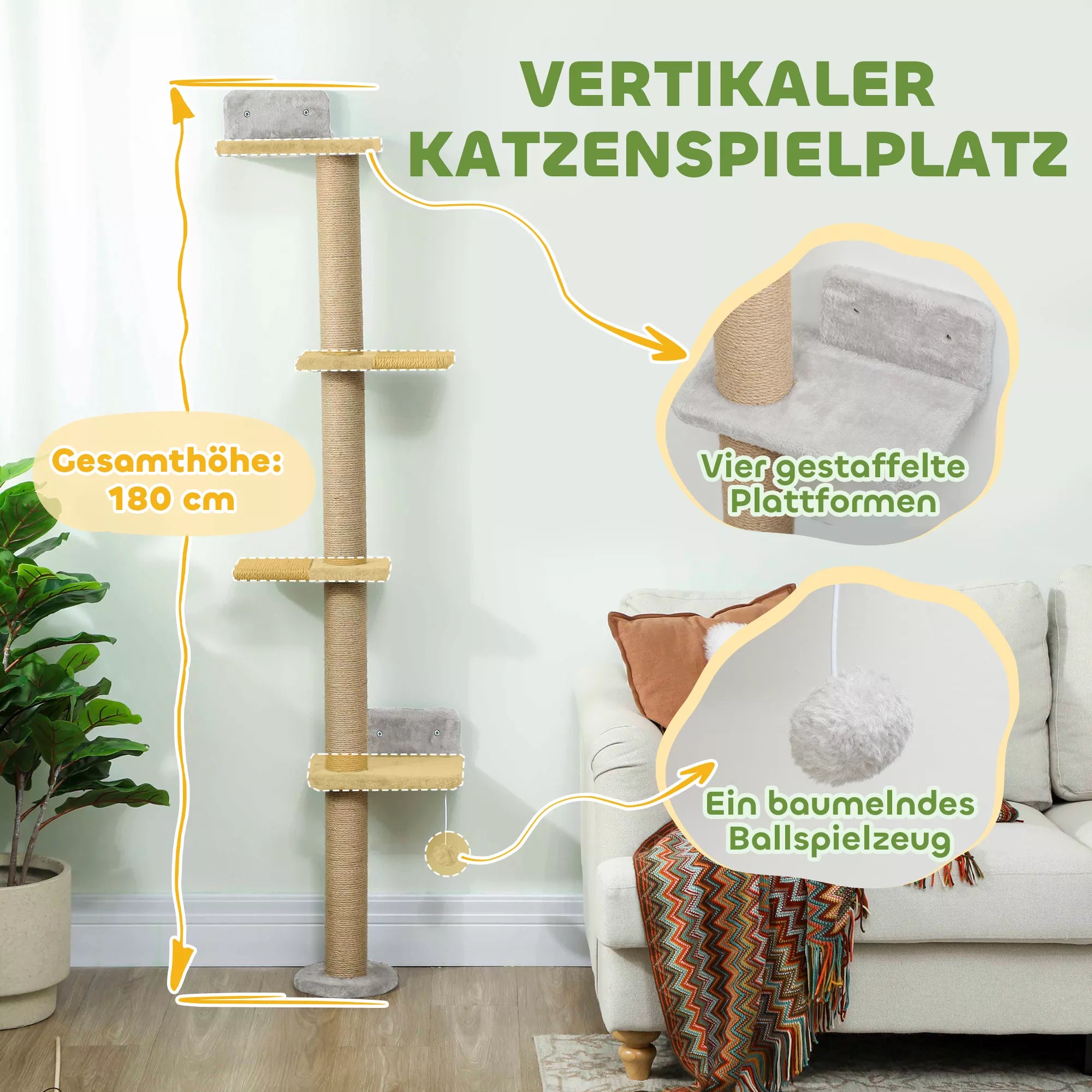 Katės draskyklė, 5 pakopų dizainas, su žaislu, sizaliniai stulpeliai, pliušinis audinys, šviesiai pilka