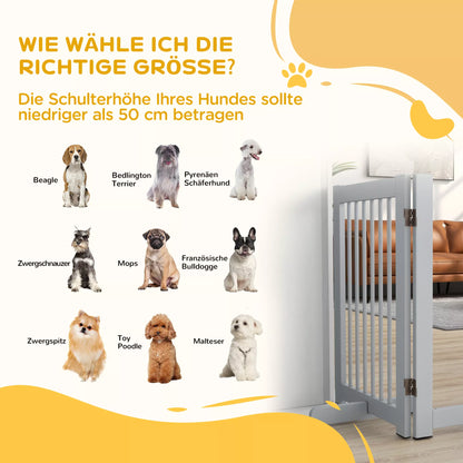 Freestanding dog fence, 4 panels, flexible, pine wood, 204L x 36D x 75H cm, light grey