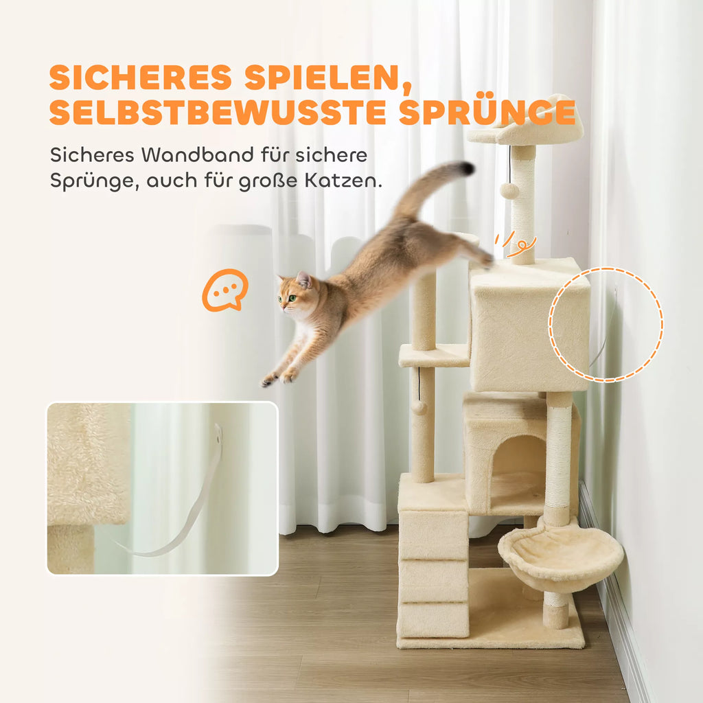 Asināšanas stabs 140 cm, kaķu tornis ar šūpuļtīklu, kāpnēm, gultu, 2 plīša bumbiņām, sizala stieņiem, 48 x 48 x 140 cm, bēšs