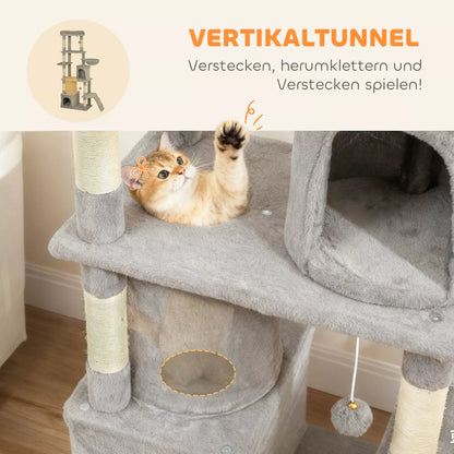 Cat scratching post, 170 cm, with tunnel, niches, large base, sisal posts, light gray