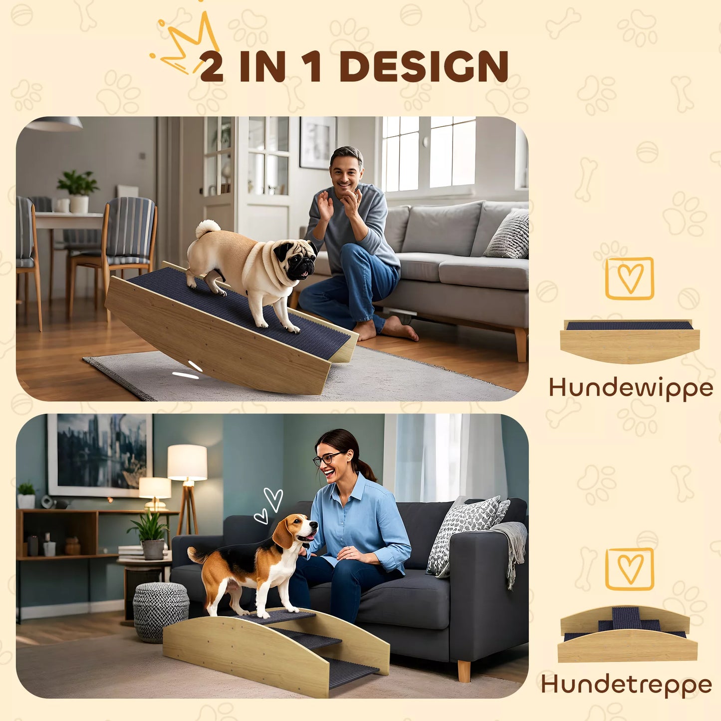 Suņu veiklības svira, 2-in-1 svira un pakāpieni, neslīdoša, egles koks, 80 x 39,5 cm