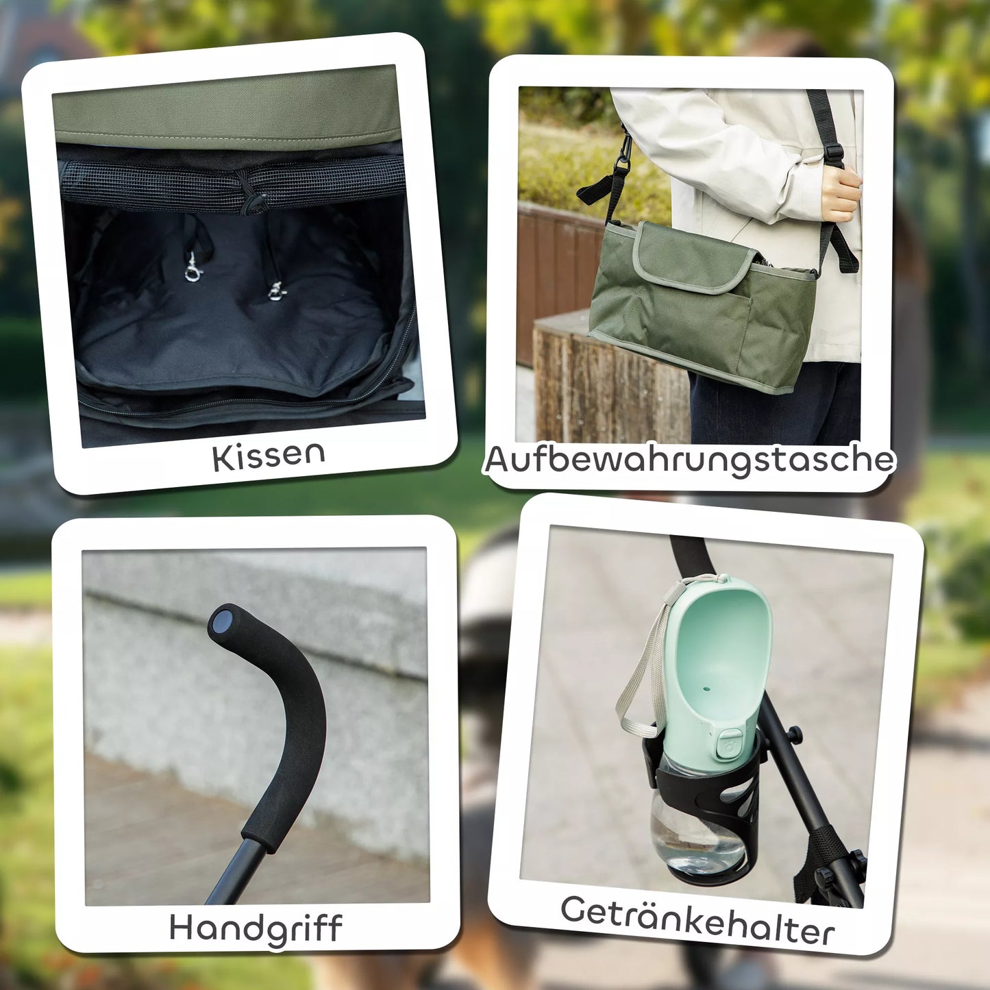 Vežimėlis augintiniams, saugos dirželiai, tinklinis langas, 76I x 44P x 103A cm, tamsiai žalias