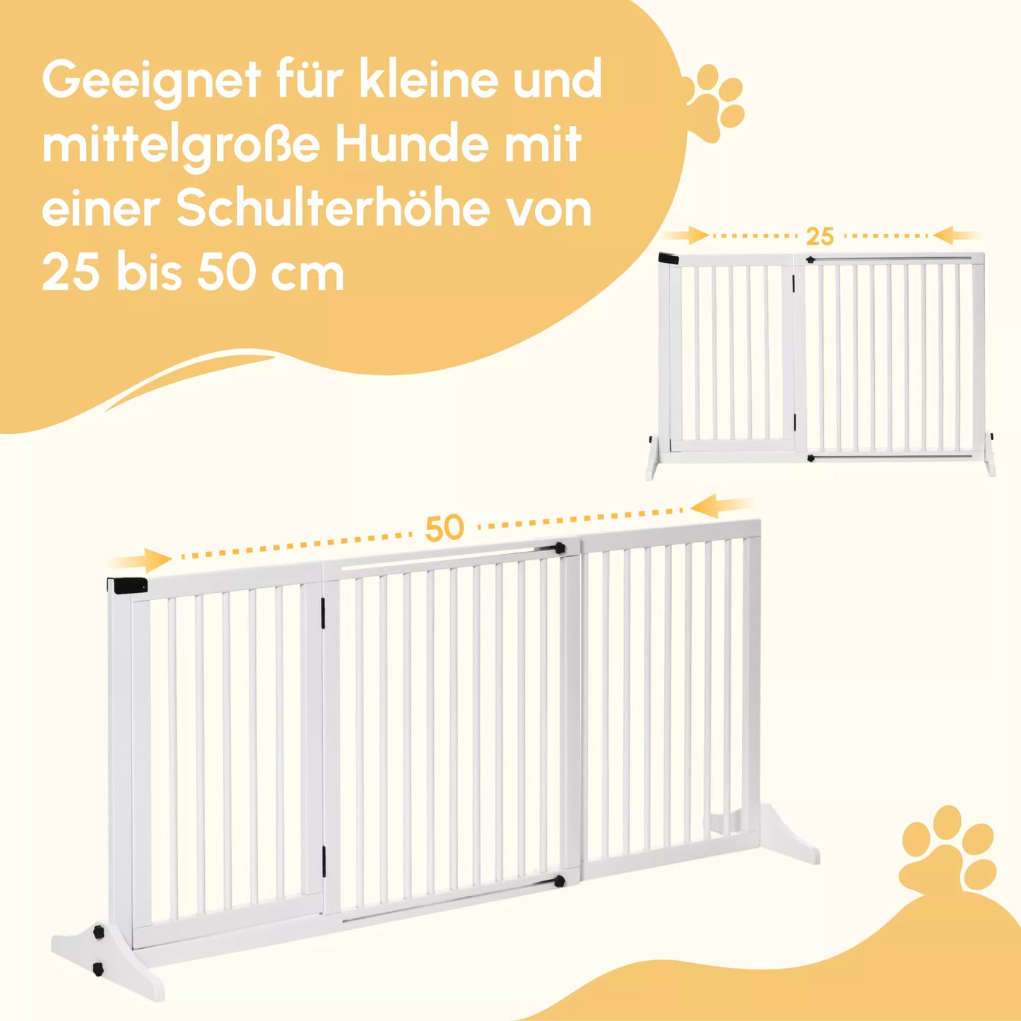 PawHut Medinis laisvai pastatomas šunų atitvaras su durelėmis, konfigūruojamas, tinka židiniui ir krosnelei, baltas 113-166 x 36 x 71 cm