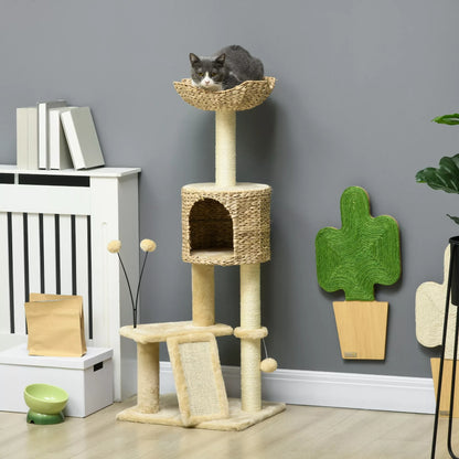 Cat scratching post with cat bed, resting platform, play ball, 45x40x116cm, brown/beige