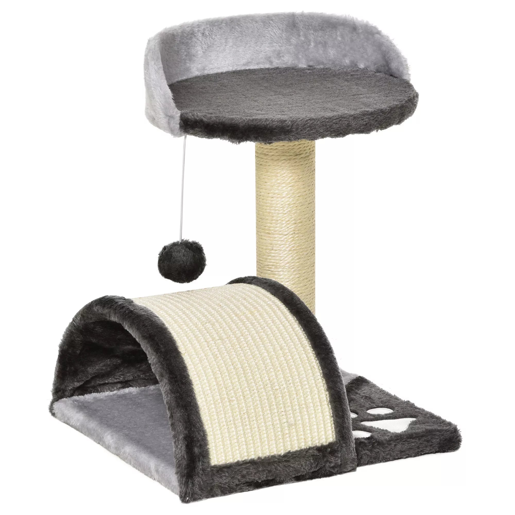Katės medis 46 cm Mažas katės bokštelis su guoliu, žaidimo kamuoliuku, sizalio virve, paaukštinta platforma, katės draskyklė, laipiojimo medis, katėms iki 4 kg, tamsiai pilkas