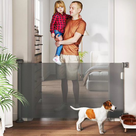Ištraukiami apsauginiai varteliai laiptams ir durims, 0-136cm, 87cm aukščio, gyvūnams, 142 x 10 x 87 cm, pilki
