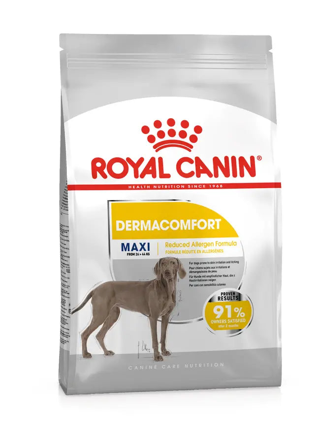 Royal Canin Dog Dermacomfort Maxi visavertis pašaras dideliems  šunims linkusiems į odos sudirginimą ir niežėjimą.
