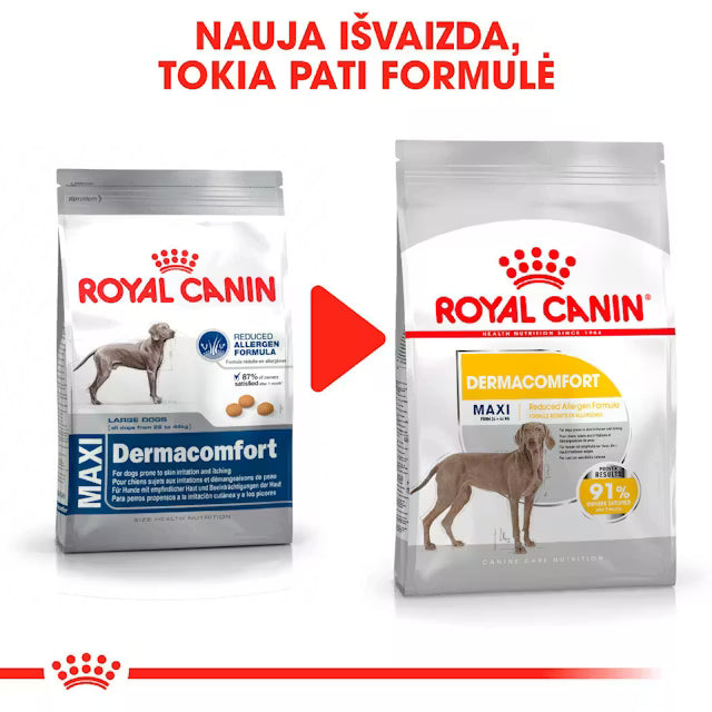 Royal Canin Dog Dermacomfort Maxi visavertis pašaras dideliems  šunims linkusiems į odos sudirginimą ir niežėjimą nauja pakuotė