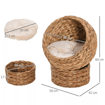 Rattan cat basket, cave, house, bed with cushion, pet bed, water hyacinth, brown, 50 x 42 x 60 cm