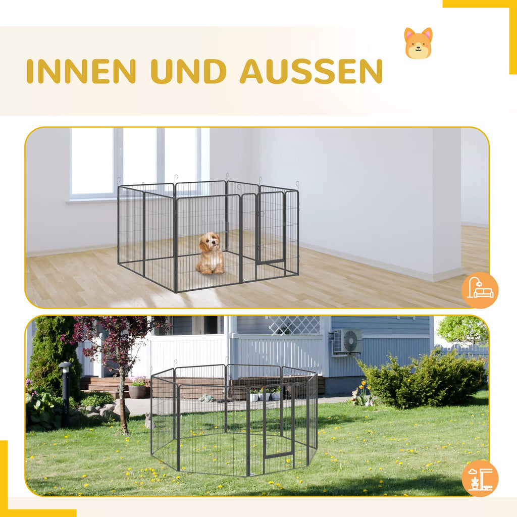 Kucēnu rotaļu laukums, modulārs dizains, 16 elementi, 2 durvis, laikapstākļiem izturīgs, tērauds, 3,2 x 3,2 x 1 m, pelēks