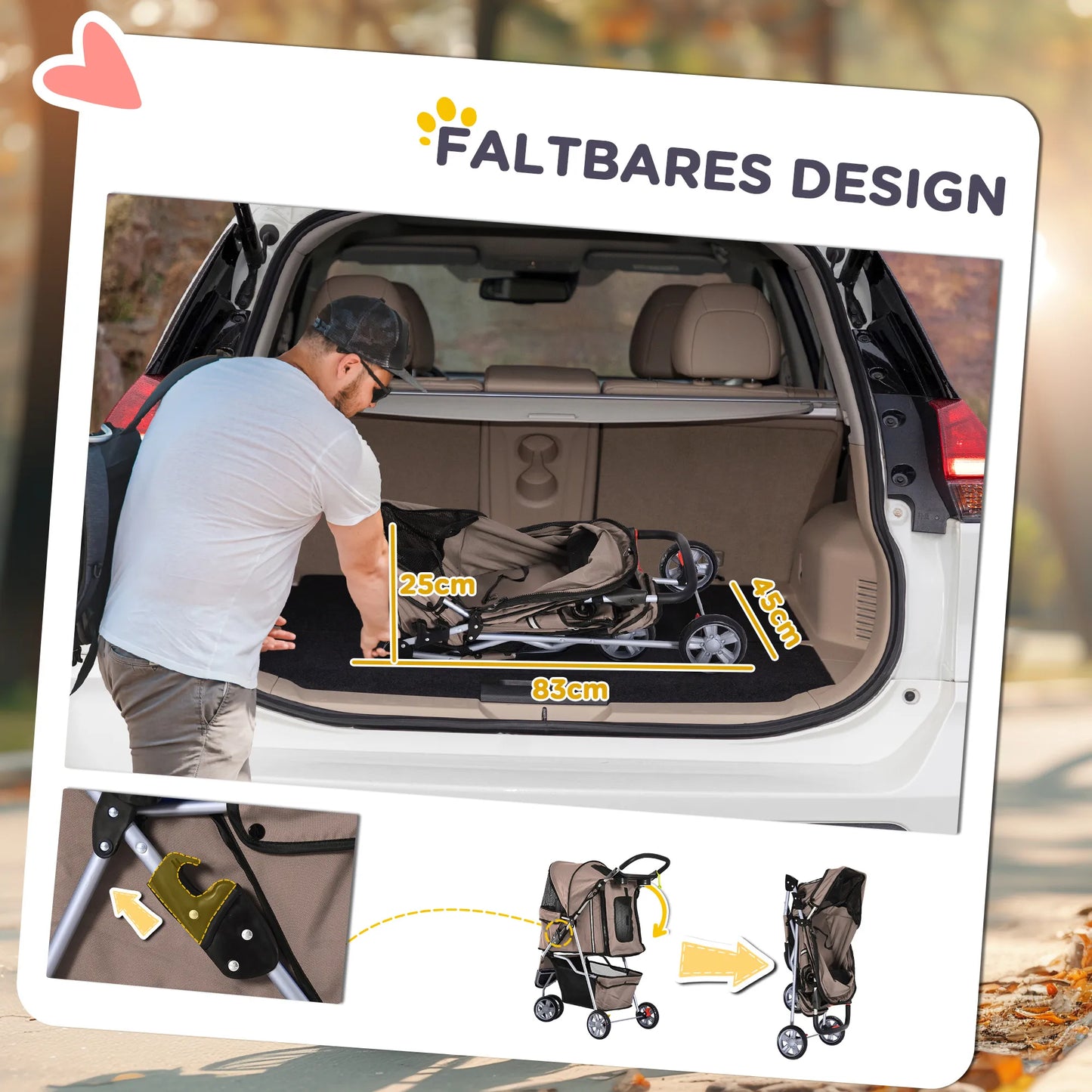 Suņu ratiņi līdz 10 kg, saliekami, ar apakšējo grozu, 2 krūzīšu turētājiem, regulējamu jumtiņu, kafijas brūnā krāsā