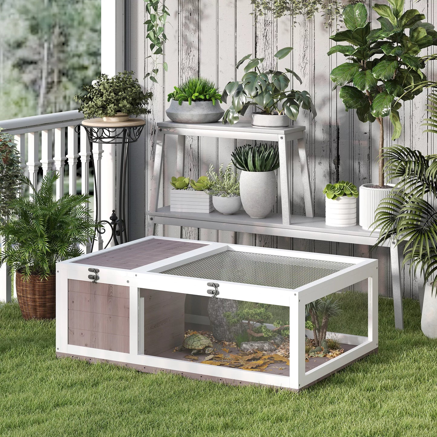 Koka bruņurupuču māja, bruņurupuču aploks ar galvenajiem nodalījumiem, atverams augšējais vāks, 91x60,5x32 cm, brūna