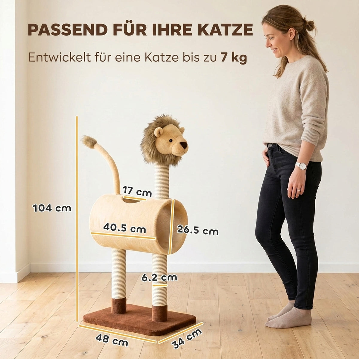 Draskyklė 104 cm liūto formos su stulpais, tuneliu ir kabančia uodega, katėms iki 5 kg, šviesiai ruda