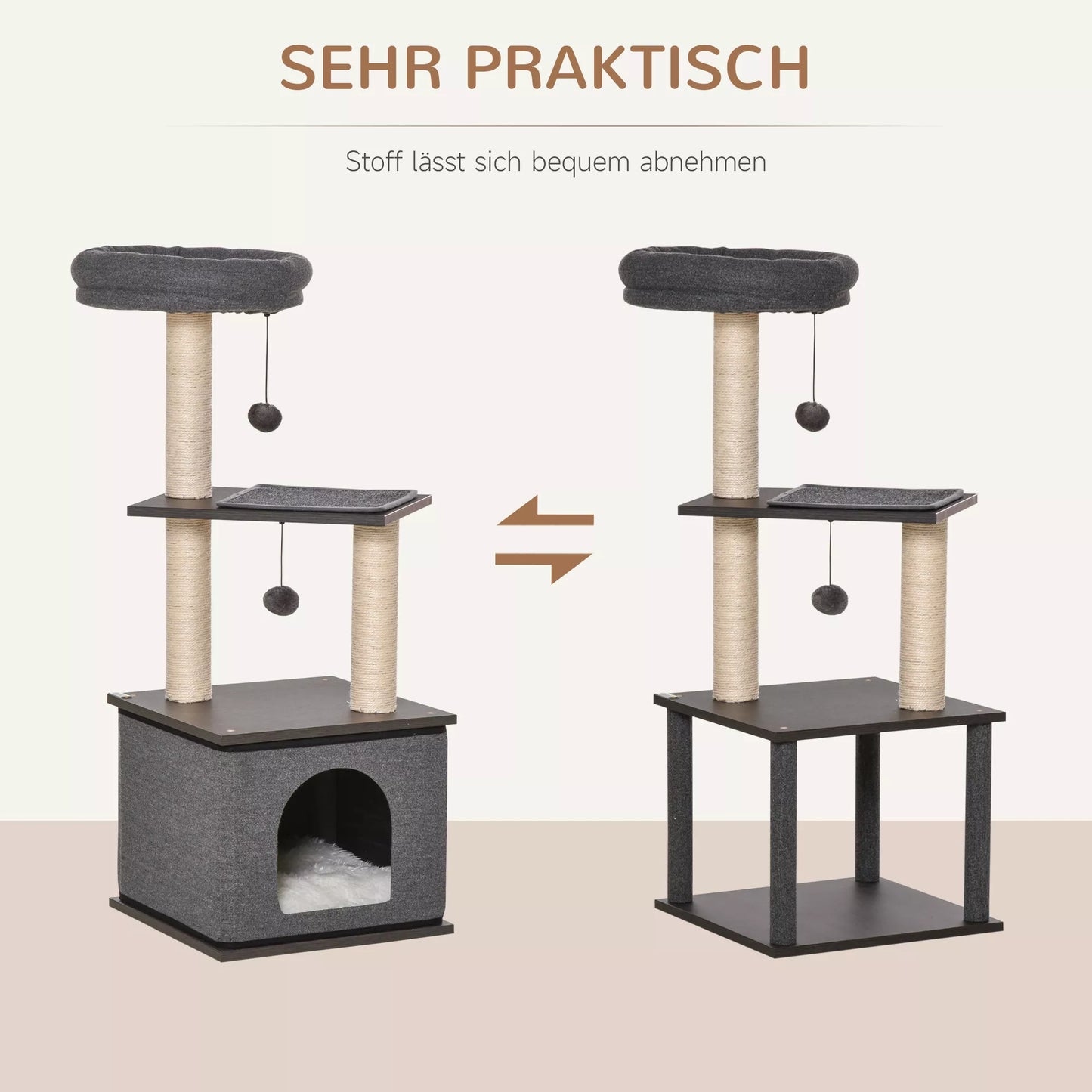 Kačių draskyklė, kačių žaislas, laipiojimo medis, žaidimo galimybės, žaidimų sizalis, sizalinė virvė, MDP plokštė, tamsiai pilkos spalvos, 40 x 40 x 104 cm