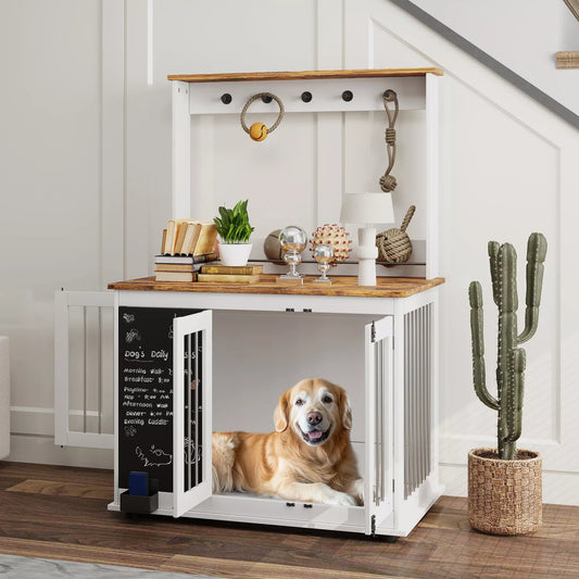 Suņu būris ar rotaļlietu glabāšanas plauktu, pavadas āķiem, rakstāmgaldu, dzēšgumiju, lieliem suņiem, balts