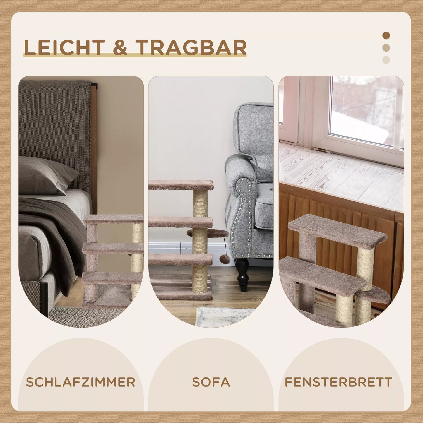 Kaķu skrāpējamais stabs, pakāpieni mājdzīvniekiem, 3 līmeņi, rotaļu bumba, līdz 5 kg, 45x40x48cm, brūns