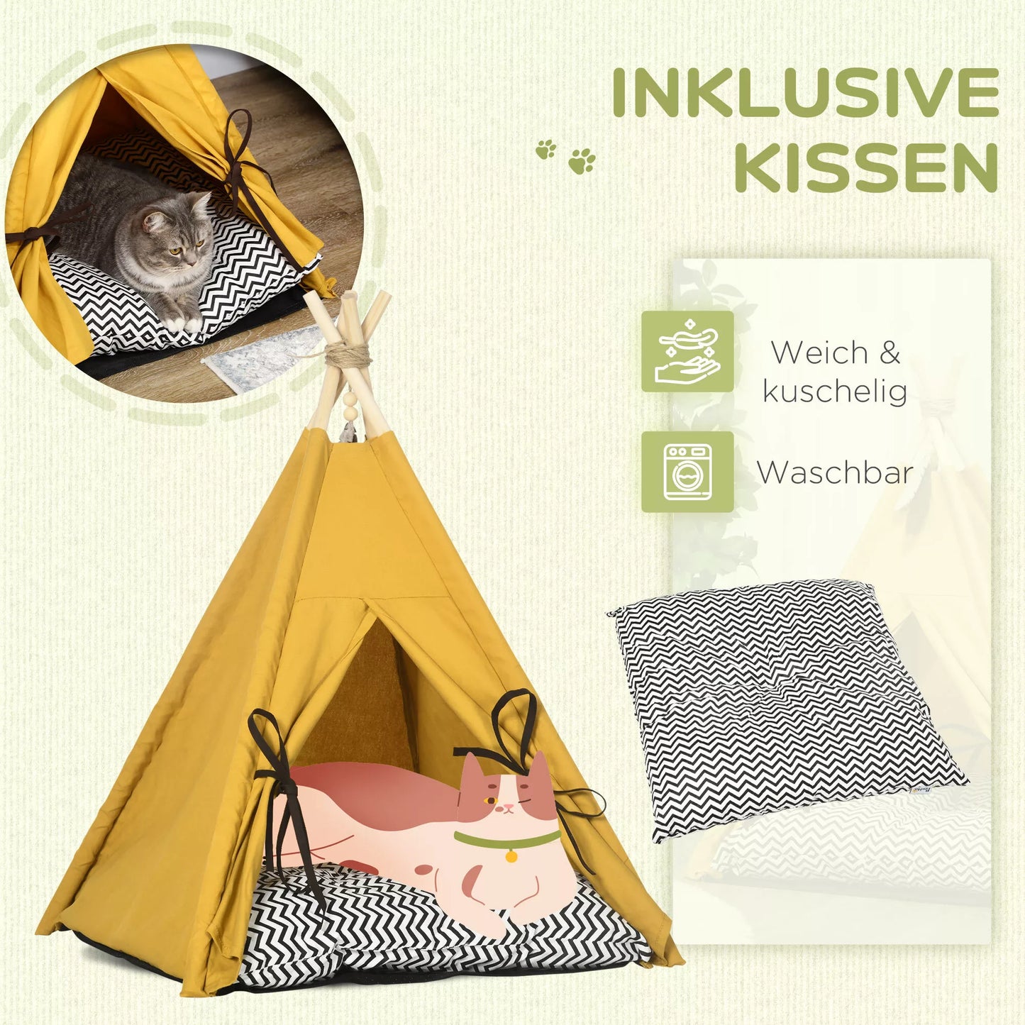 Lova gyvūnams, žaismingo tipi dizaino, su minkšta gulėjimo pagalvėle ir grindų kilimėliu, šunims ir katėms, 60 x 60 x 76 cm