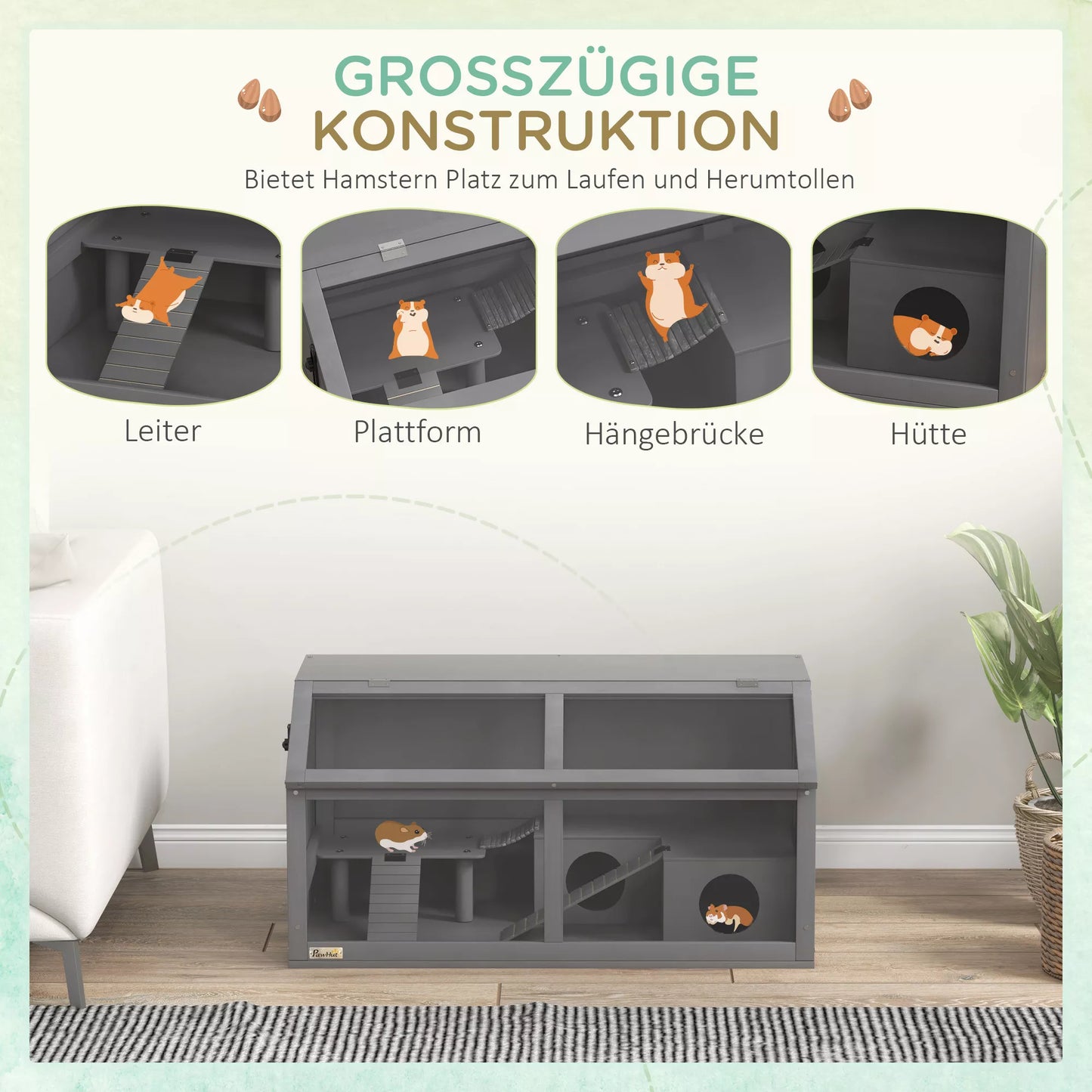 Kāmju būris, koka mazo dzīvnieku būris, piekaramais tilts, pakāpieni, mājiņa, 84 x 45 x 44 cm, maziem kāmīšiem, pelēks