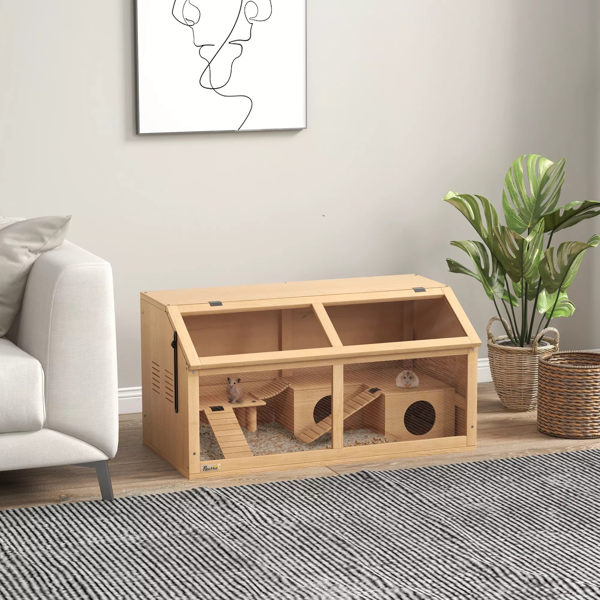 Hamsterio narvas skirtas sirų ir nykštukiniams žiurkėnams, su platforma, pakabinamu tiltu, namelyje, 85x45x44 cm