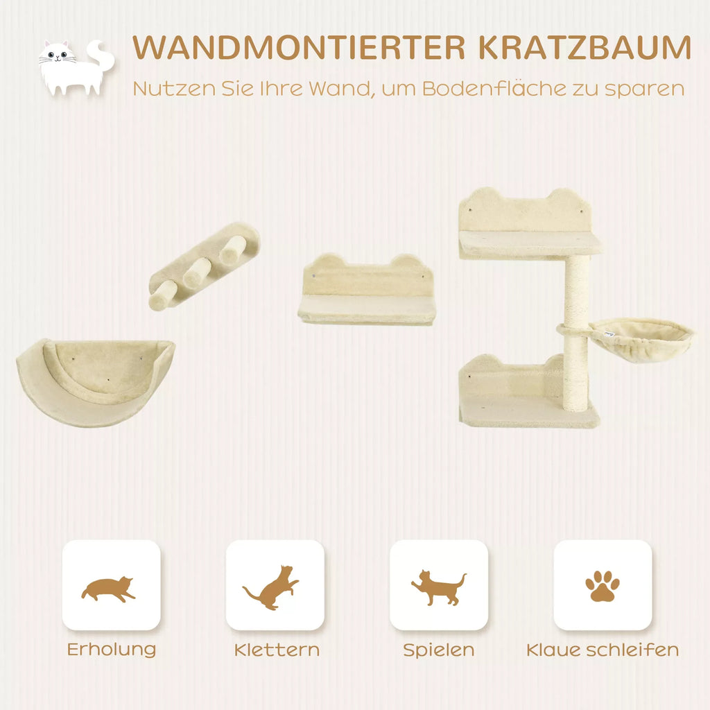 Kaķu kāpšanas sienas komplekts, 4 daļas, ar pakāpieniem, šūpuļtīklu, platformu un skrāpējamo stabu, bēšs