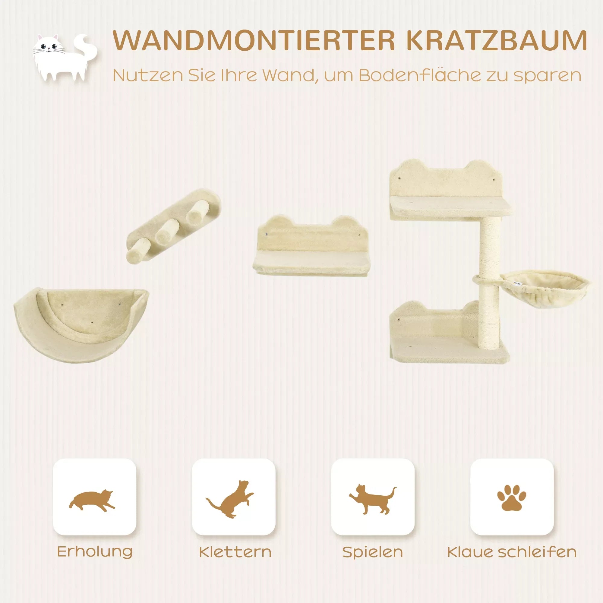 Kaķu kāpšanas sienas komplekts, 4 daļas, ar pakāpieniem, šūpuļtīklu, platformu un skrāpējamo stabu, bēšs