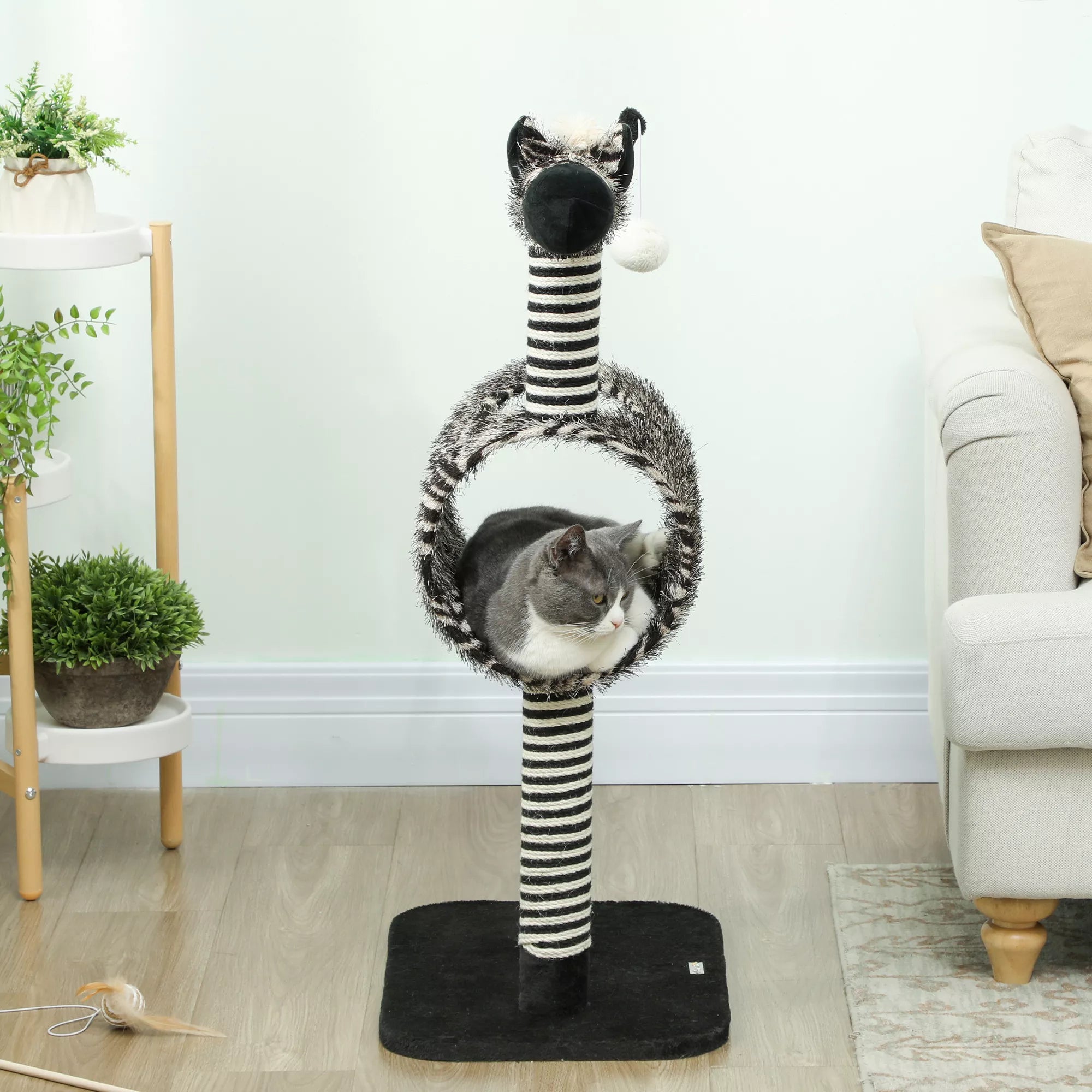 Kaķu mājiņa ar zebras rakstu, 1 kaķu tunelis, 3 skrāpējamie stabi 48,5 cm x 35 cm x 93 cm, melna + balta