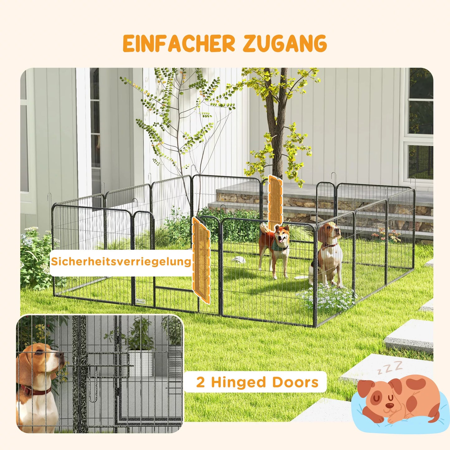 Kucēnu aploks, mājdzīvnieku nožogojums, 12 paneļi 80x80 cm, 2 durvis, tērauda rāmis, pelēks