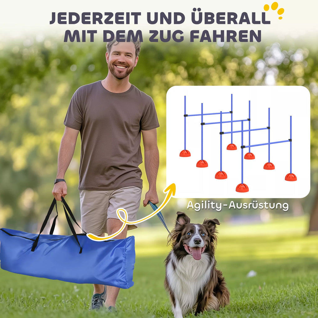 4 dalių šunų agility rinkinys su 4 kliūtimis ir nešimo krepšiu šuolių treniruotėms, mėlynas