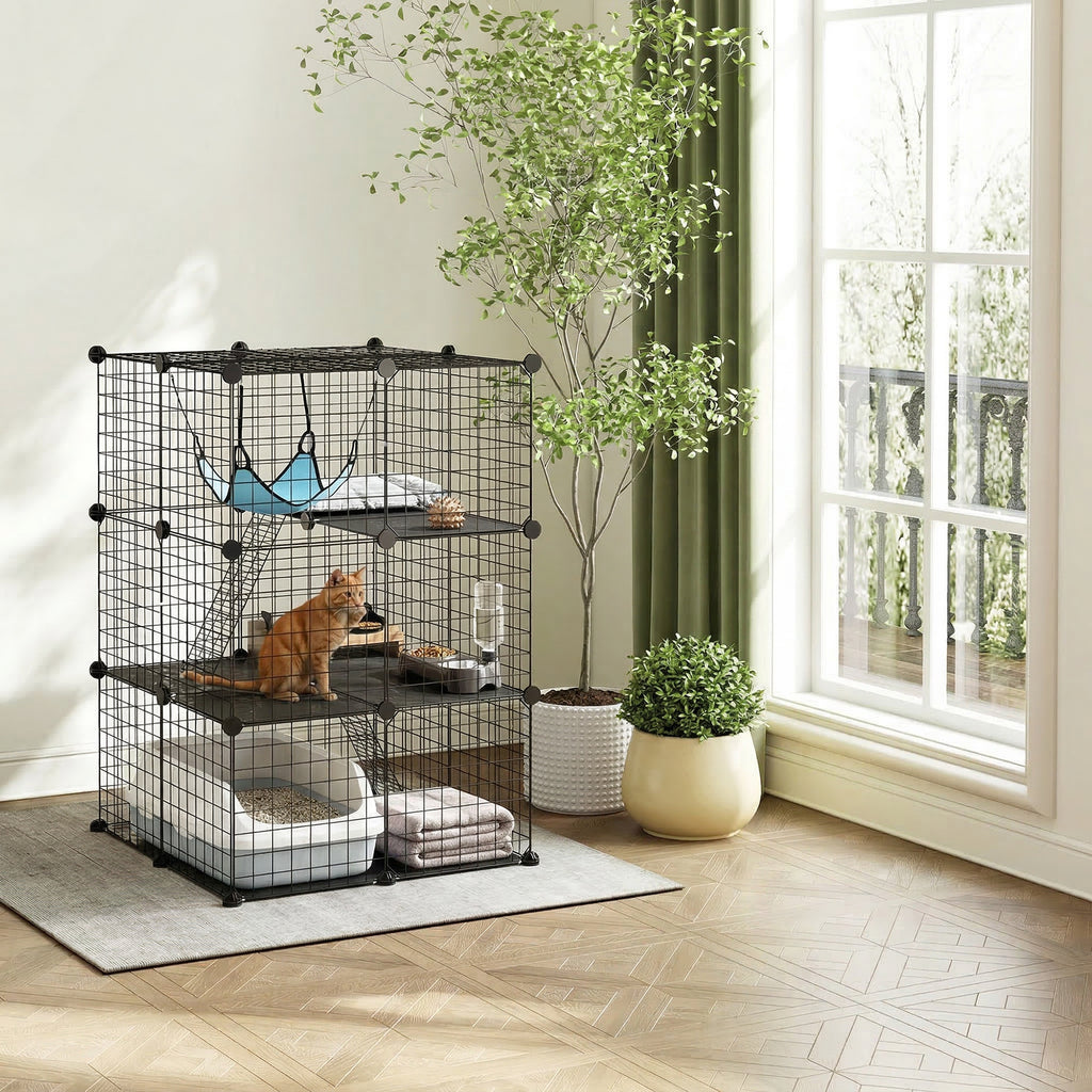 Narvas katėms 70x70x105 cm, modulinis, su platformomis, kopėtėlėmis ir hamaku, kačiukams iki 4 kg, juodas