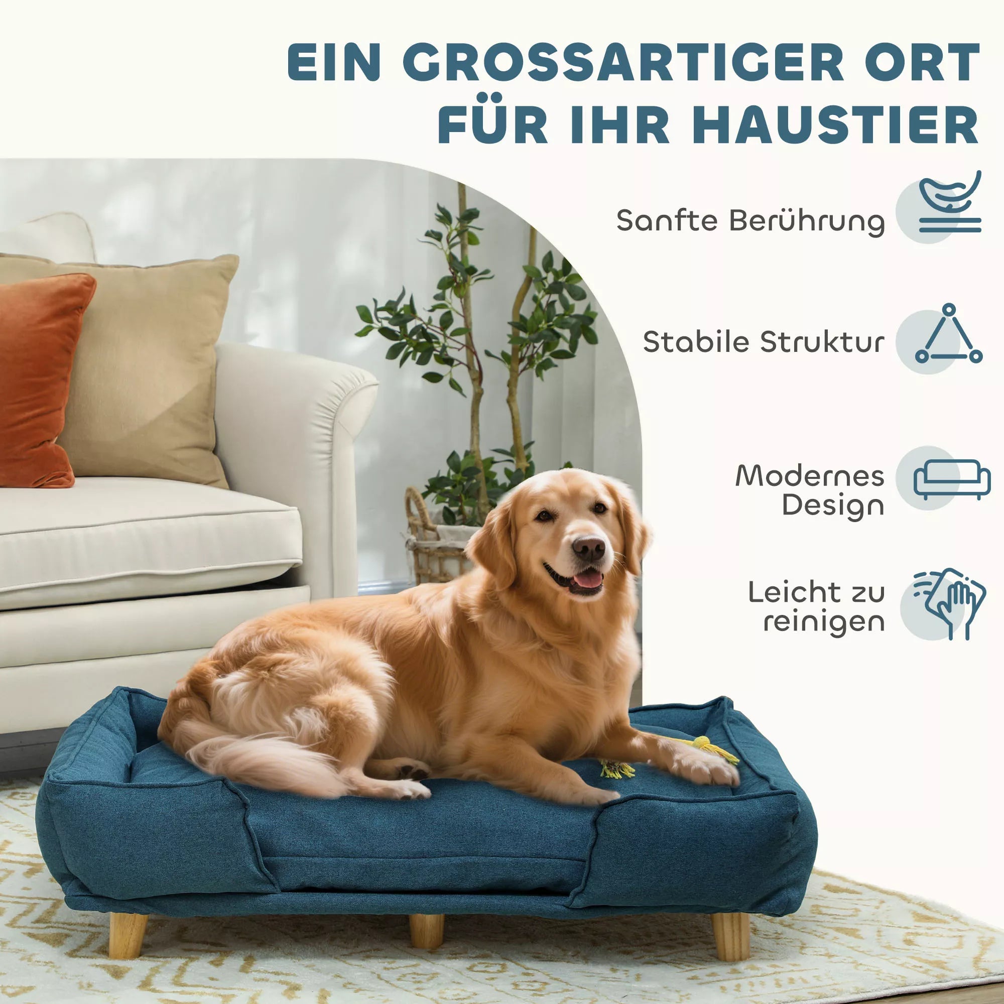 Šunų sofa, naminių gyvūnų sofa, naminių gyvūnų lova, nuimamas ir skalbiamas čiužinys, Natūralus+ Tamsiai mėlyna