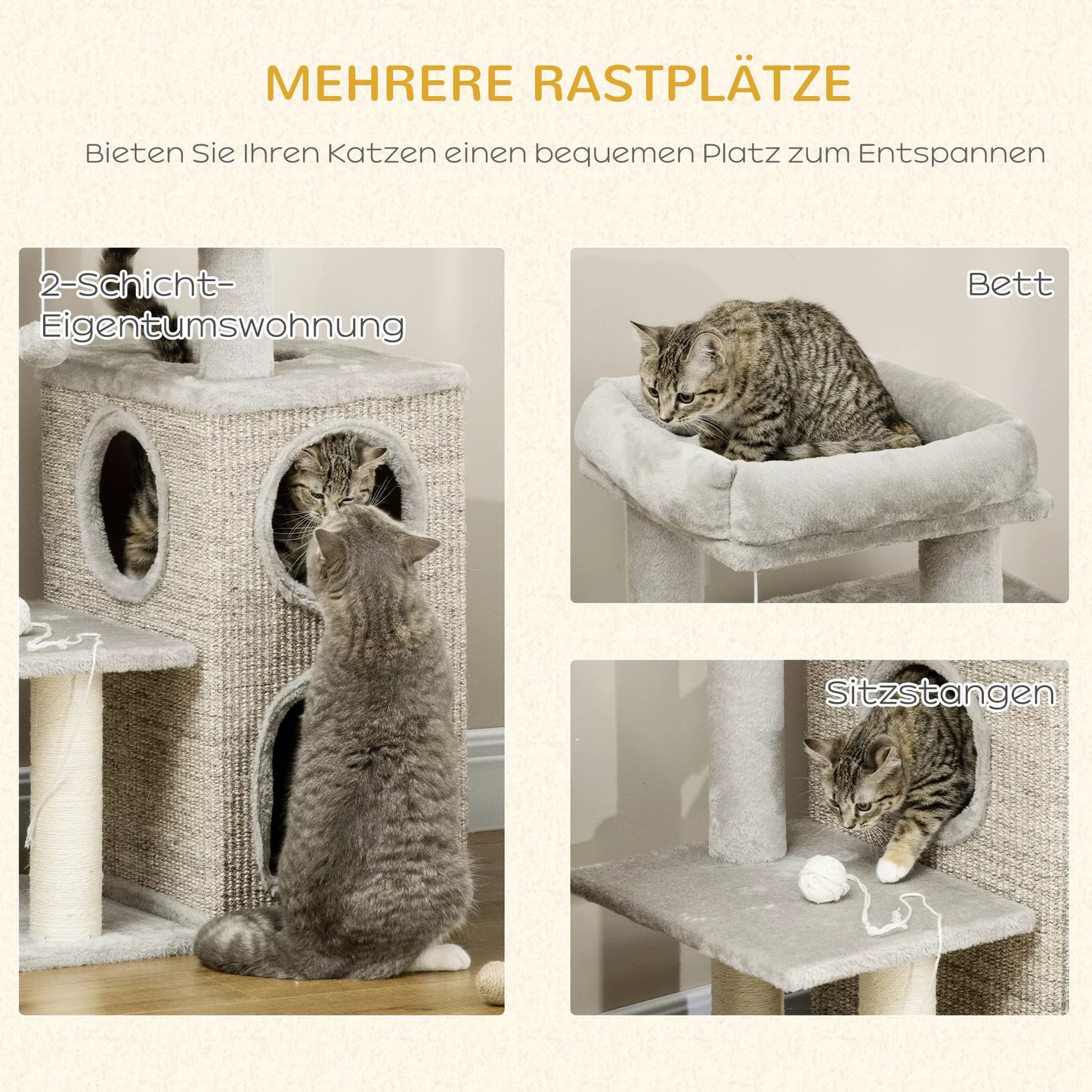 Cat tree with cat cave, cat bed and ball toy, 60 cm x 40 cm x 91 cm, light gray + natural