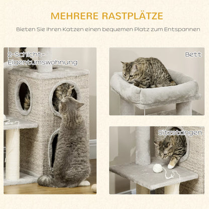 Cat tree with cat cave, cat bed and ball toy, 60 cm x 40 cm x 91 cm, light gray + natural