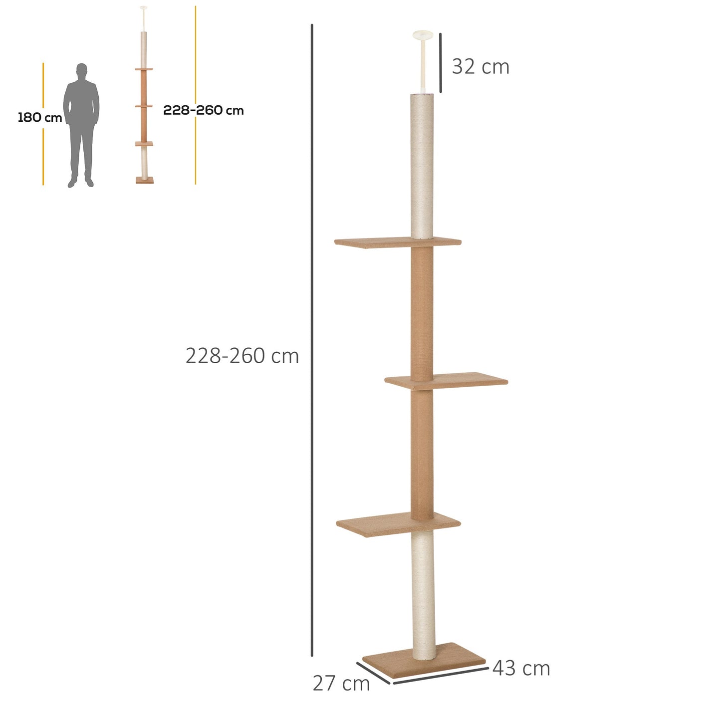 Kaķu koks līdz griestiem, 228–260 cm, kaķu koks ar regulējamu augstumu, kaķu kāpnes ar 3 līmeņiem, kaķu skrāpēšanas stabs, rotaļu koks no grīdas līdz griestiem haki krāsā