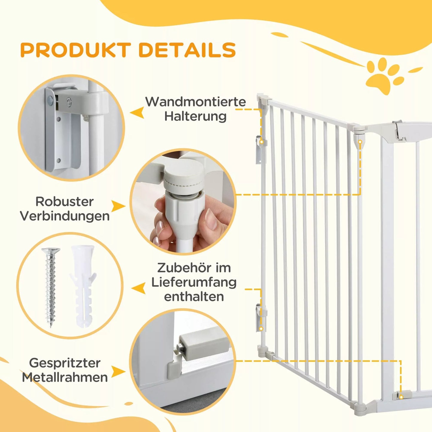 Suņu barjera, brīvstāvošs drošības būris 180 x 74,5 cm, saliekams suņu būris, durvju drošības barjera, kāpņu būris, suņu atdalīšanas būris kāpnēm, durvis, virtuve, gaitenis, 3 paneļi, balts