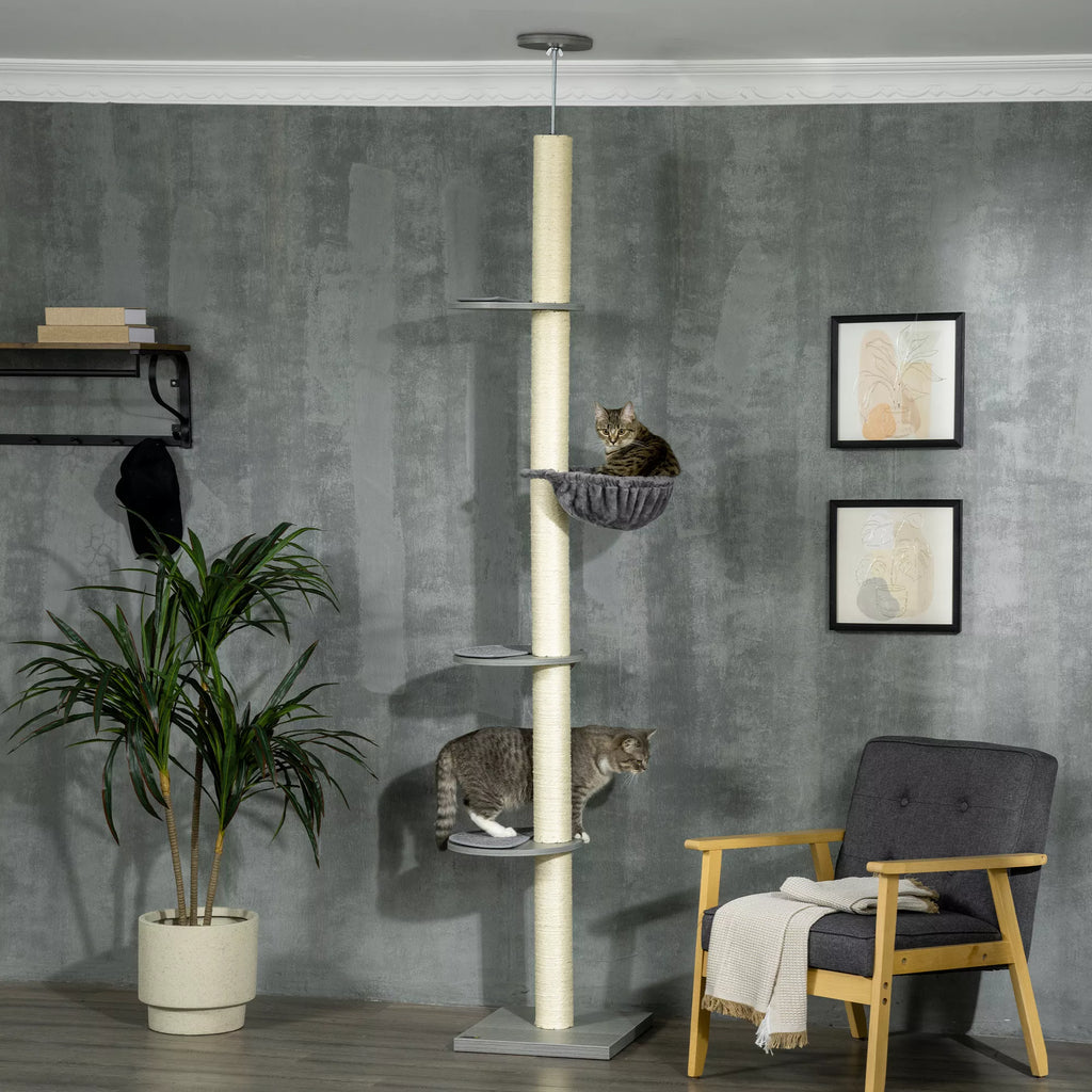 Kaķu skrāpēšanas stabs ar šūpuļtīklu, ar griestu spriegotāju, līdz griestiem, 40 cm x 40 m x 250 cm, pelēks + krēmbalts
