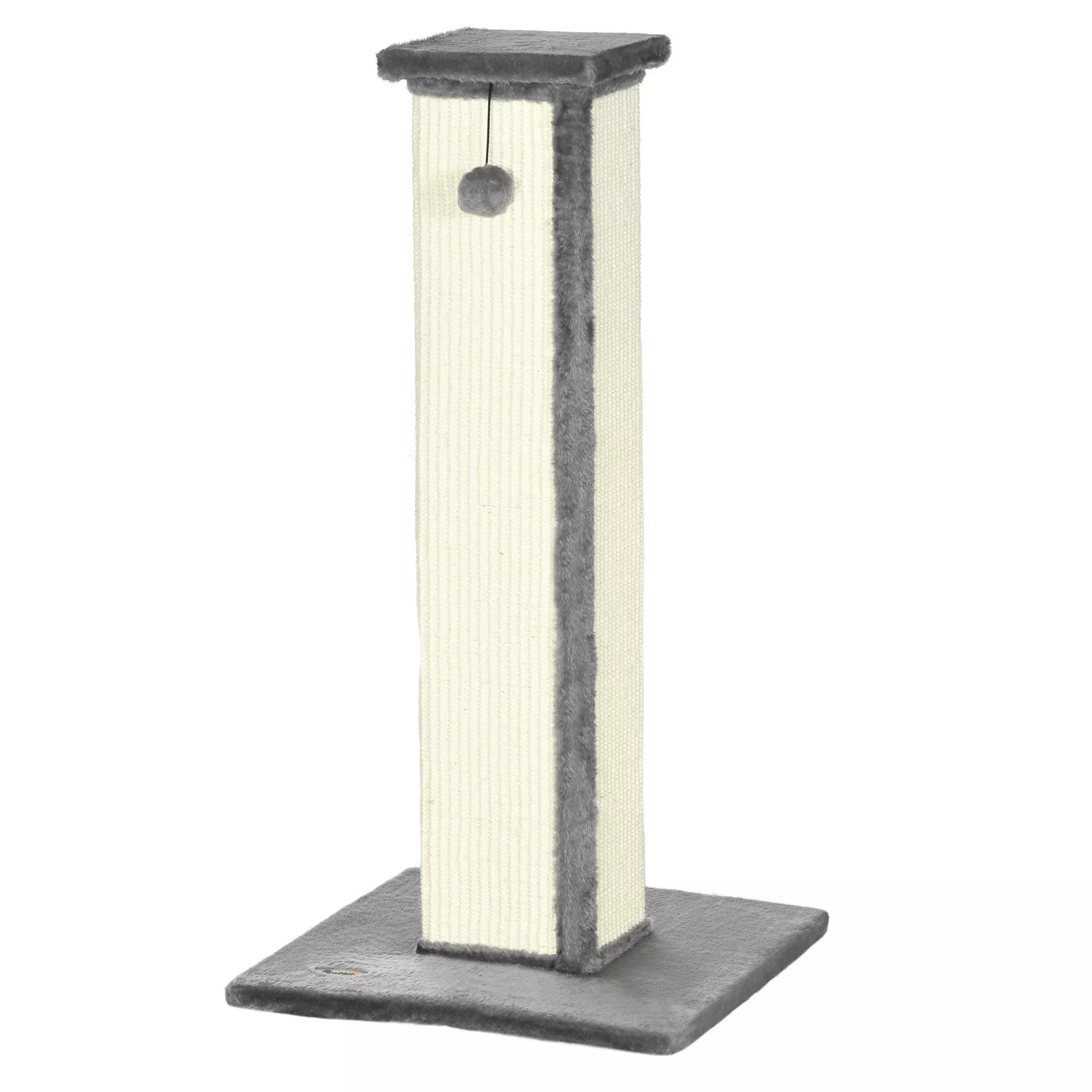 Kačių draskyklė, su žaidimo kamuoliuku, pliušas, sizalis, 41 cm x 41 cm x 81 cm, kreminė + pilka