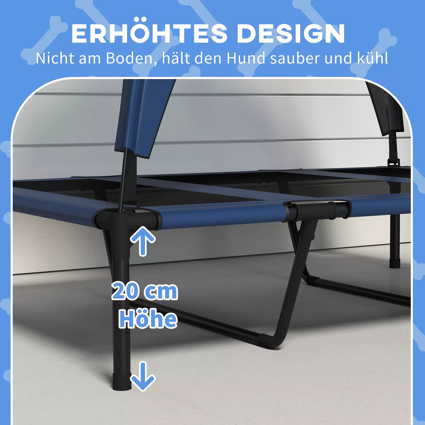 Lauko šunų guolis, atsparus oro sąlygoms, paaukštintas rėmas, 106 x 76 x 94 cm, tamsiai mėlynas